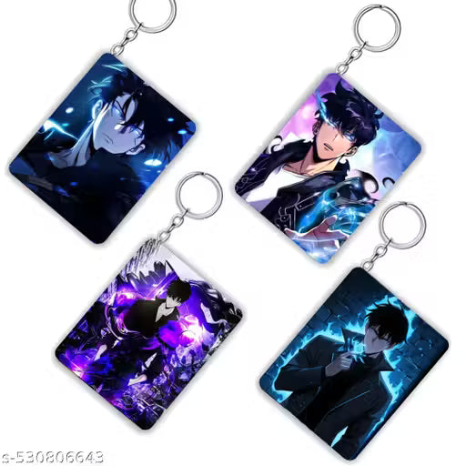 Varioz Premium Pack of 4 Solo Leveling Anime Printed Keychains For Bike, Scooty, Car Key Chain