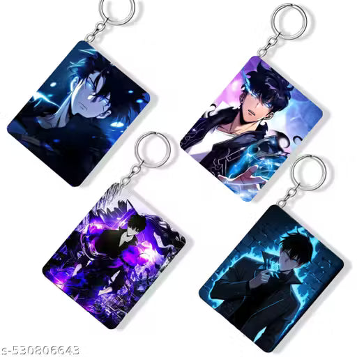 Varioz Premium Pack of 4 Solo Leveling Anime Printed Keychains For Bike, Scooty, Car Key Chain